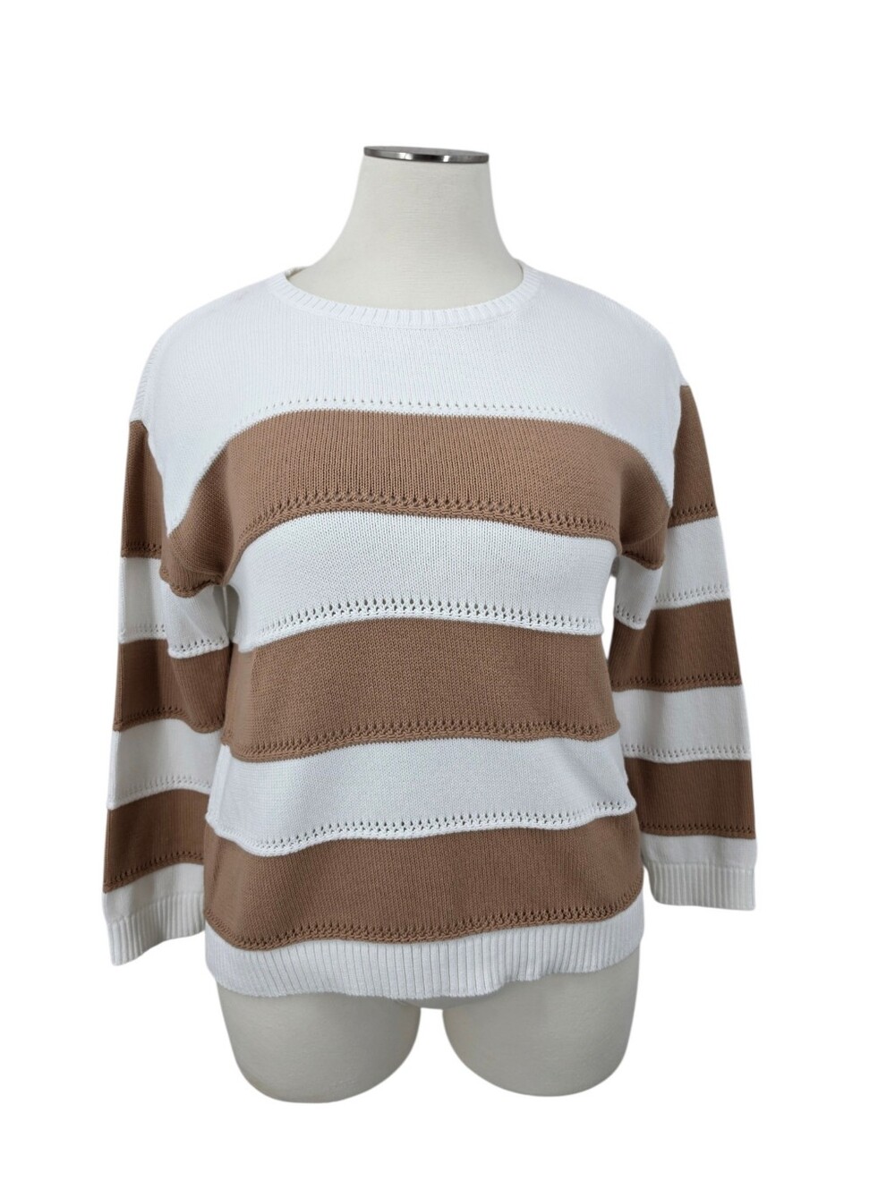 Talbots Textured Sweater Rugby Stripe Light Brown White Cotton
